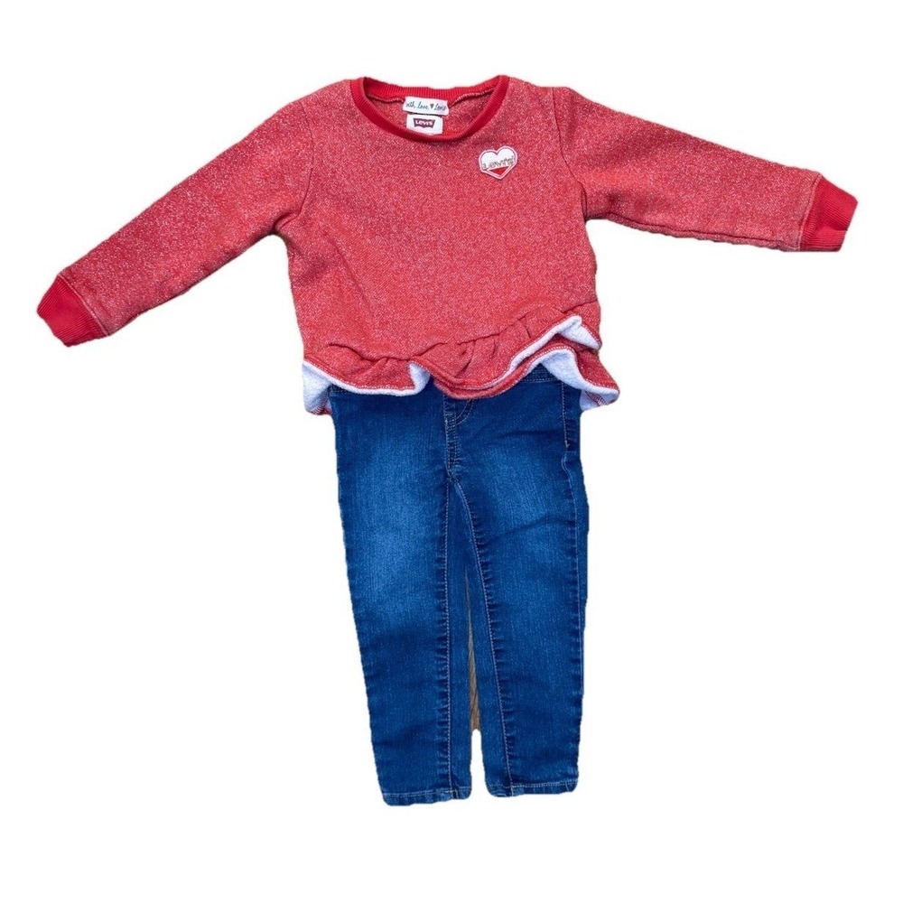Kids Levi's Red Sparkle Heart Ruffle Sweater & Jeans Outfit Set Size 2T Playwear